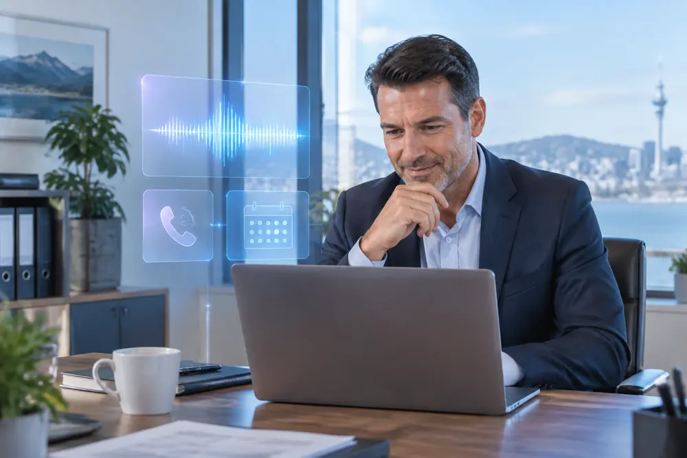 Business owner reviewing Voice AI conversation outcomes