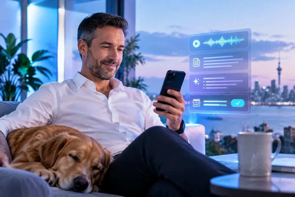 Accountants owner reviewing SAM call summaries and pre-booked jobs on a phone