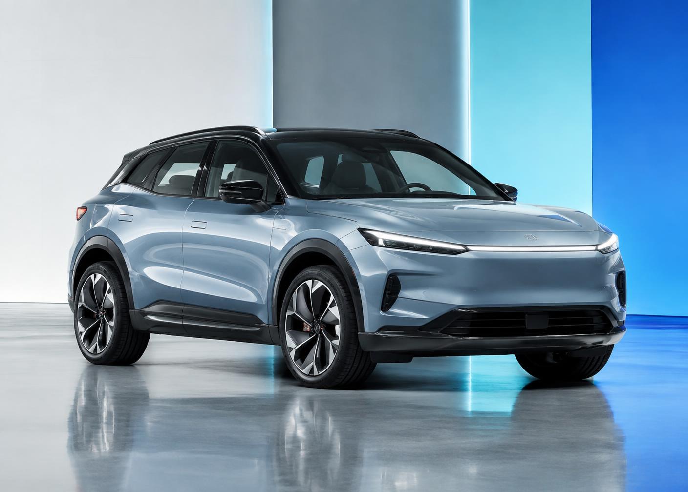 Vehicle presented in a blue and white digital studio