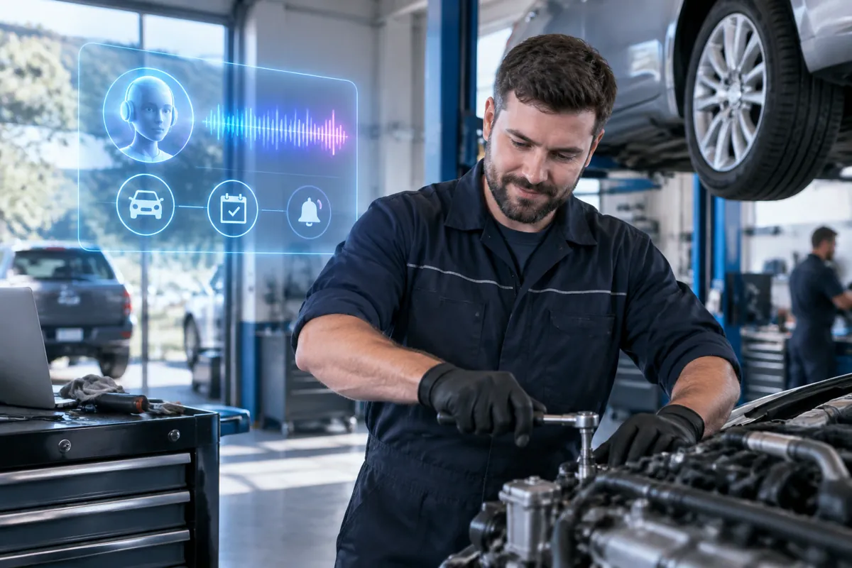 Auto repair workshops team at work while AIIT Voice AI answers customer calls