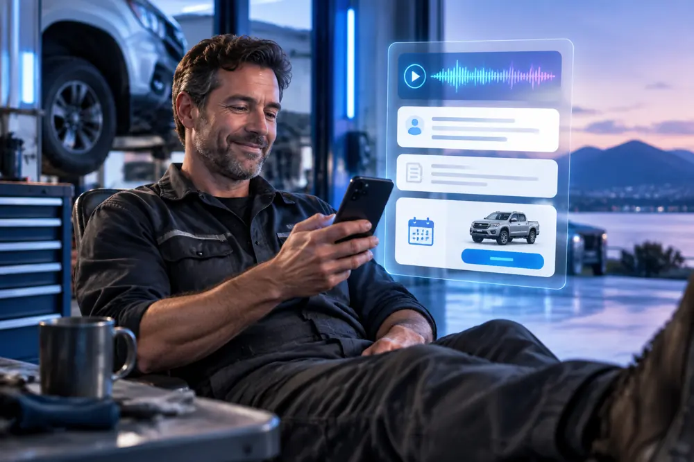 Auto repair workshops owner reviewing SAM call summaries and pre-booked jobs on a phone