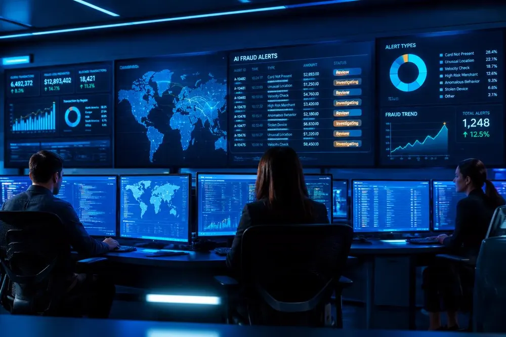Fraud team monitoring AI-flagged alerts on a video wall