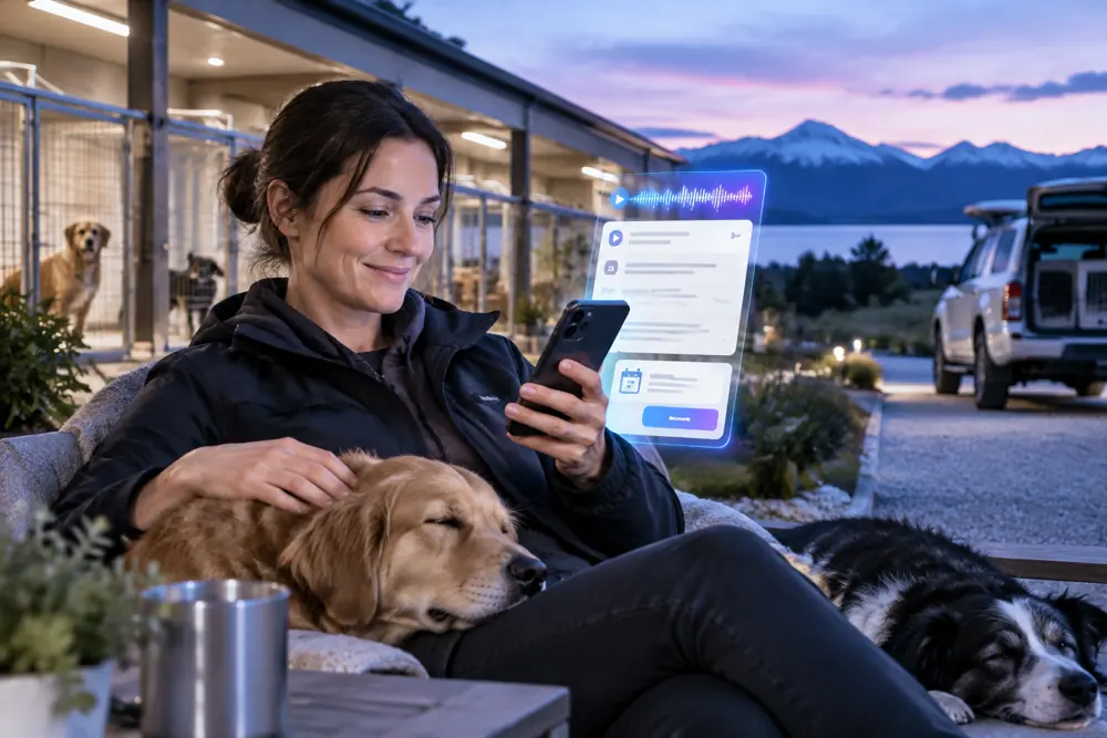 Boarding kennels owner reviewing SAM call summaries and pre-booked jobs on a phone