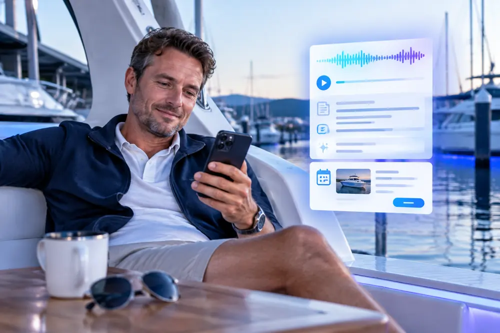 Boat dealers owner reviewing SAM call summaries and pre-booked jobs on a phone