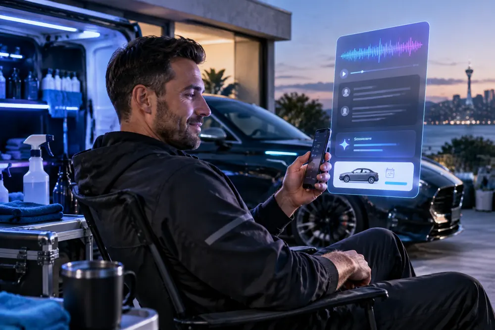 Car-detailing companies owner reviewing SAM call summaries and pre-booked jobs on a phone