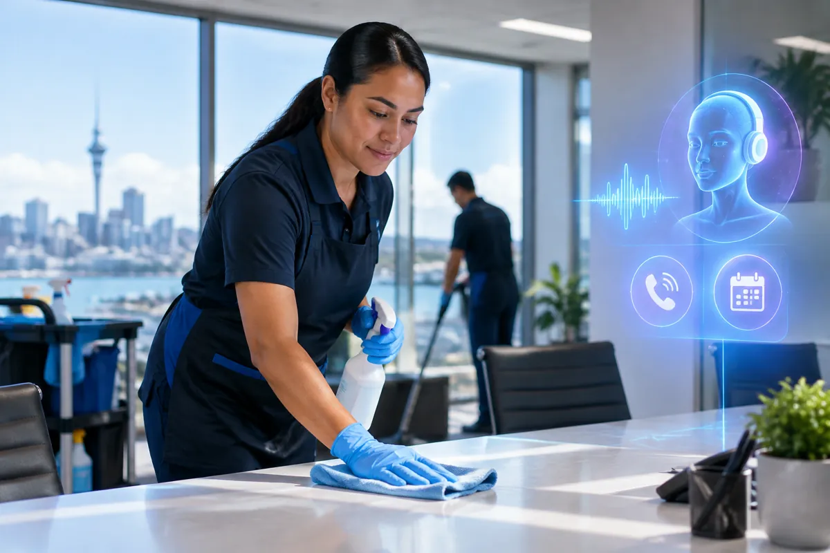 Commercial cleaners team at work while AIIT Voice AI answers customer calls