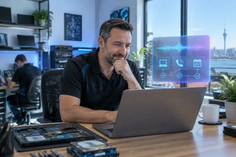 Business owner reviewing Voice AI conversation outcomes