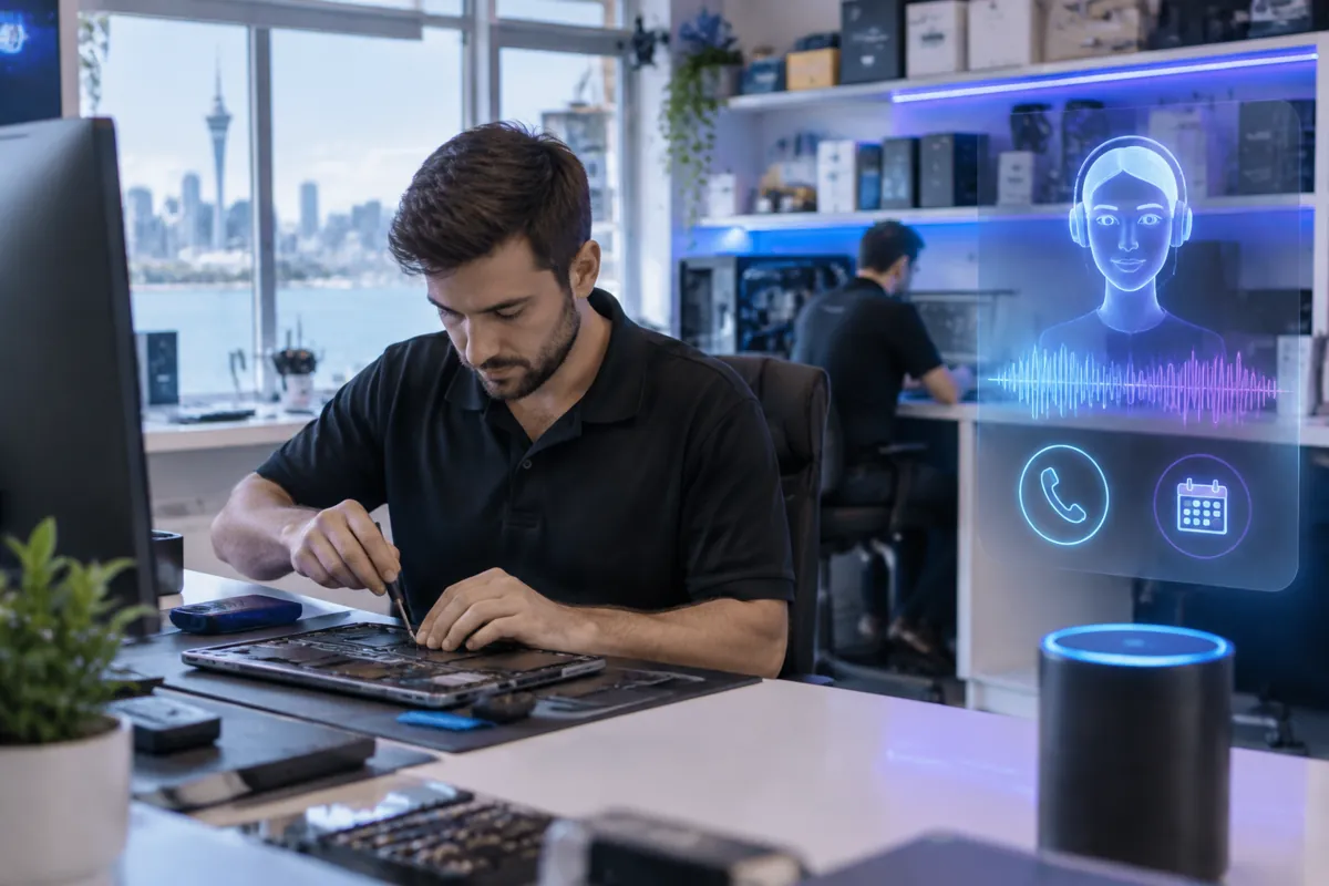 Computer repair shops team at work while AIIT Voice AI answers customer calls
