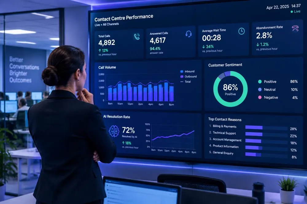 Manager viewing real-time contact centre analytics