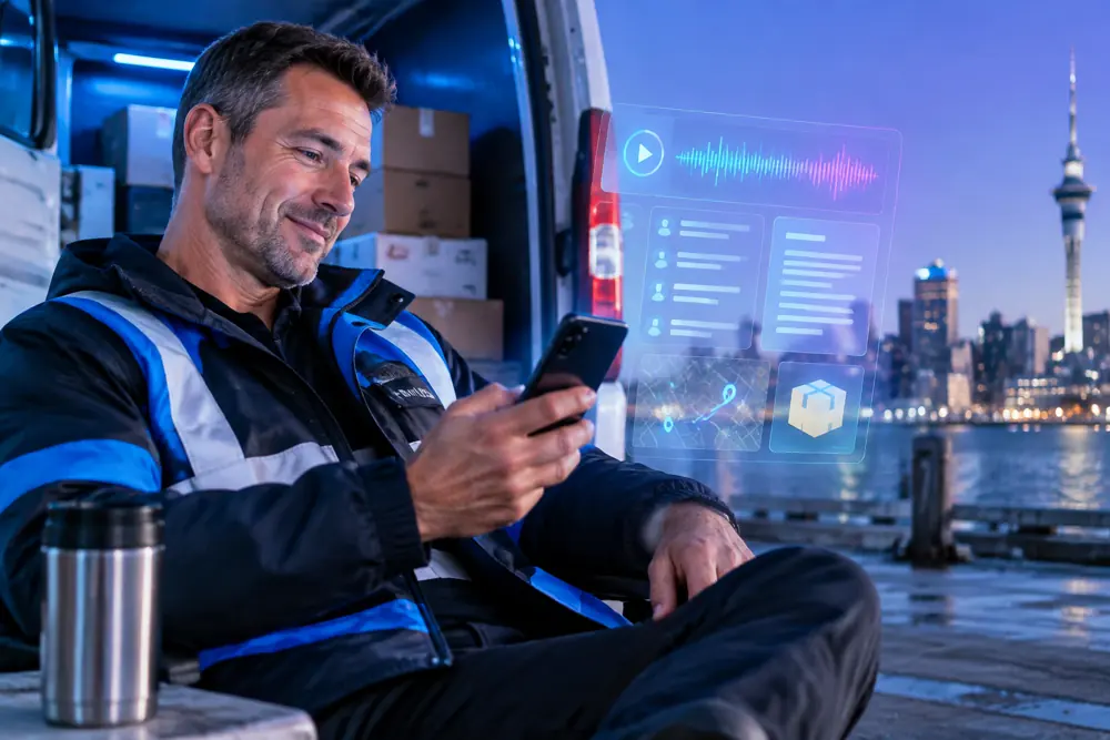 Courier companies owner reviewing SAM call summaries and pre-booked jobs on a phone
