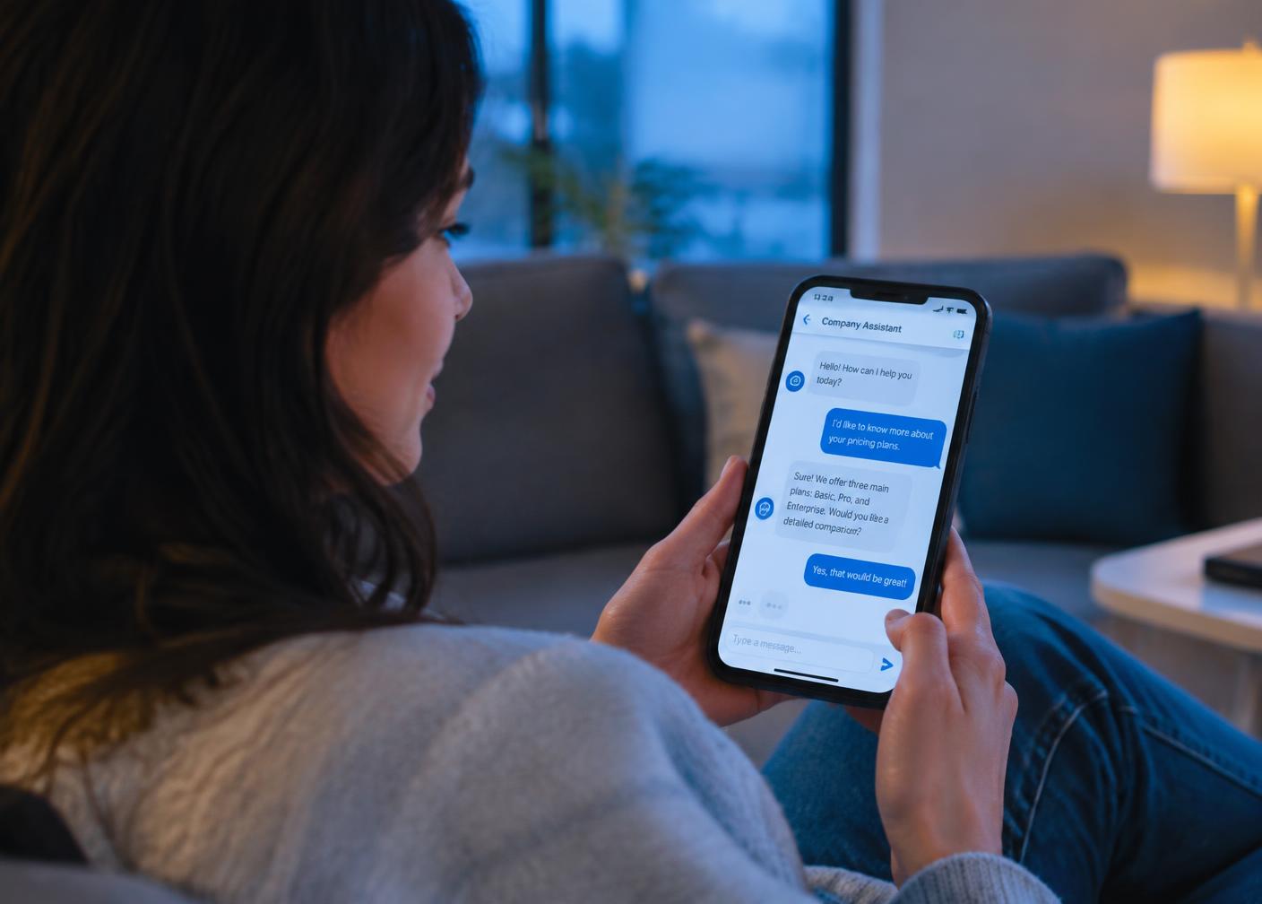 Customer messaging a company assistant on a smartphone at home