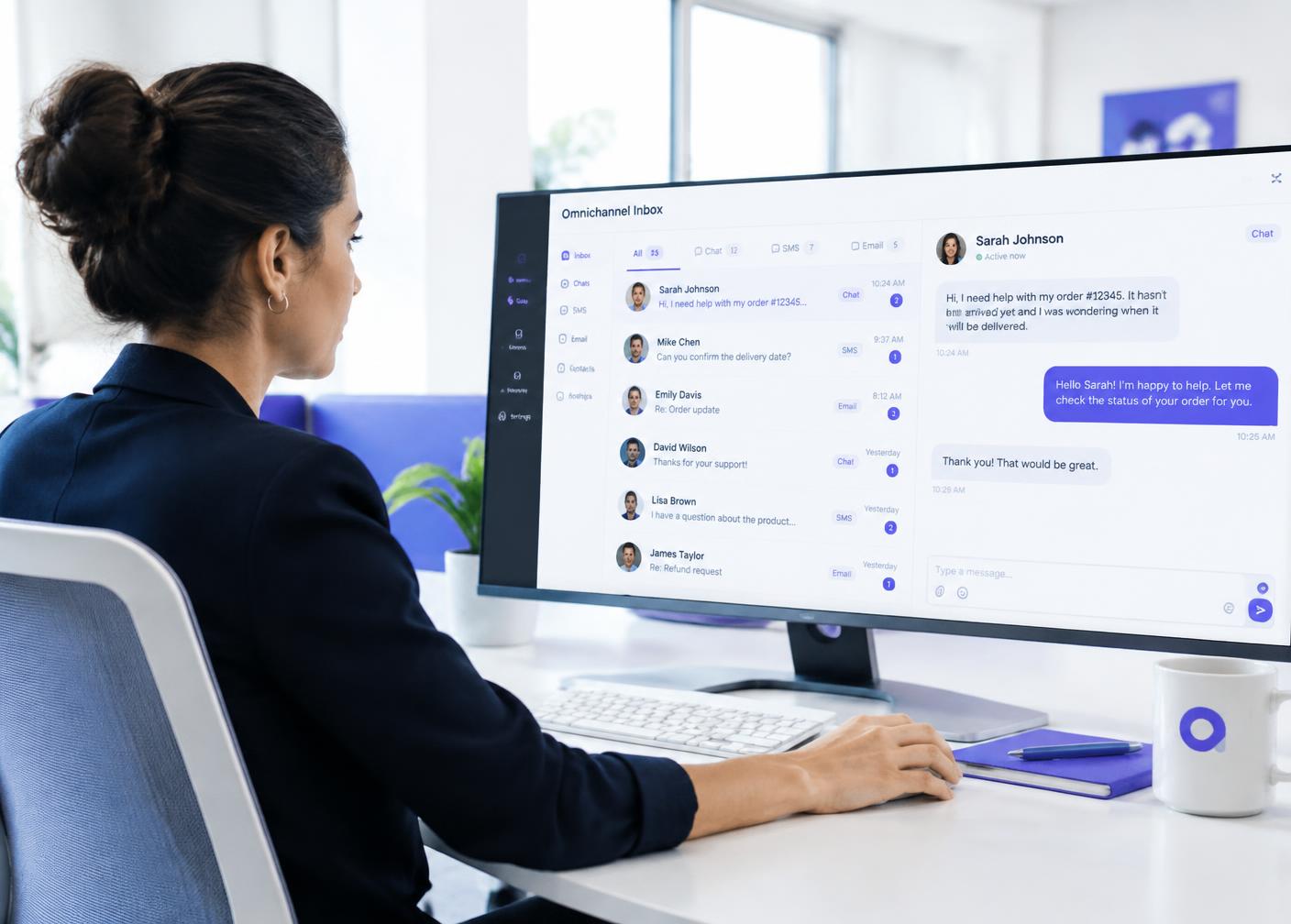 Team lead reviewing chat, SMS and email conversations in one inbox