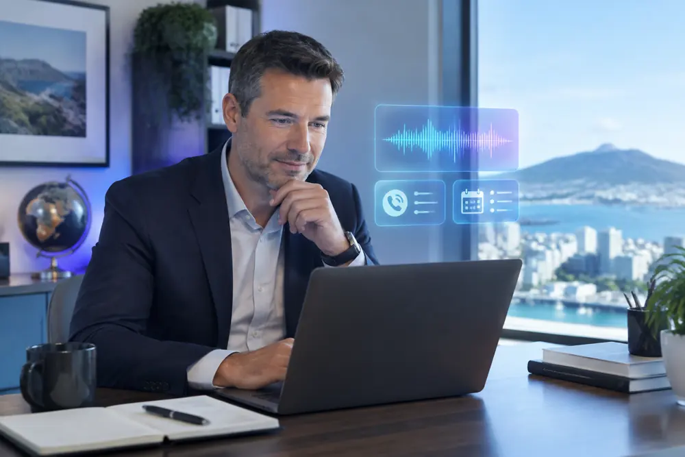 Business owner reviewing Voice AI conversation outcomes