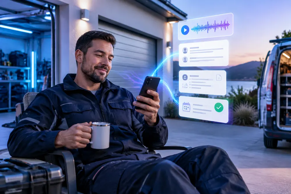 Garage-door companies owner reviewing SAM call summaries and pre-booked jobs on a phone