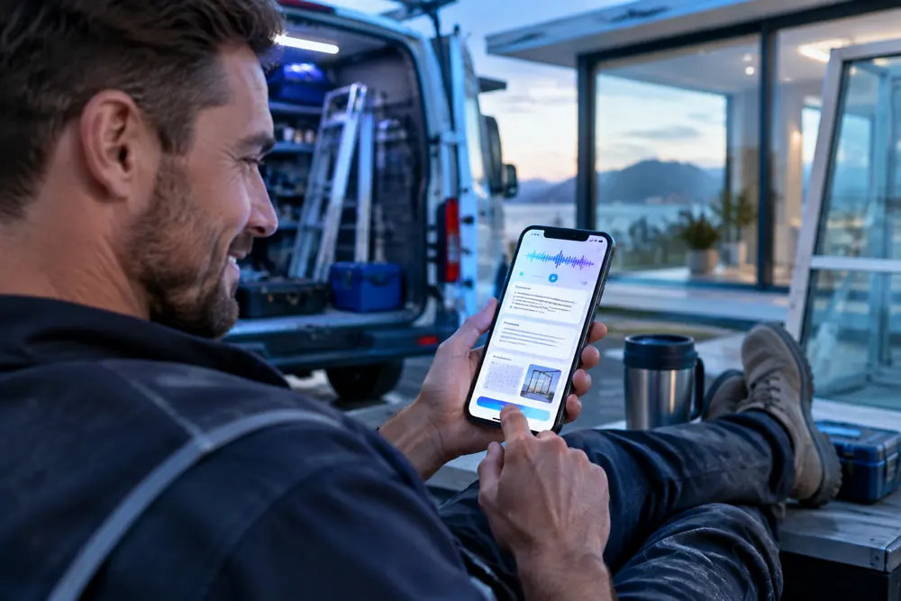 Glaziers owner reviewing SAM call summaries and pre-booked jobs on a phone