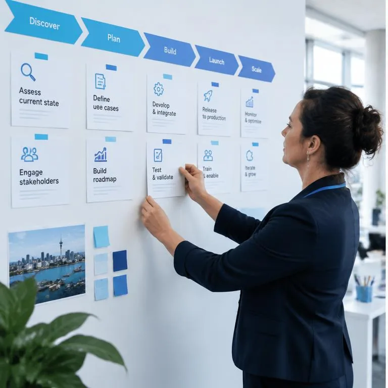 AI planning specialists working together in a bright corporate environment