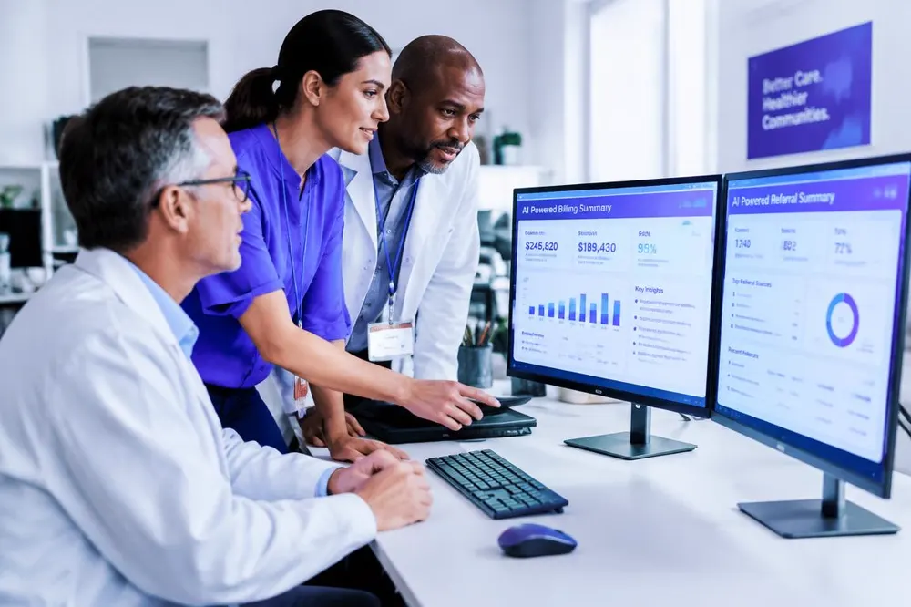 Healthcare administrators reviewing AI billing and referral summaries
