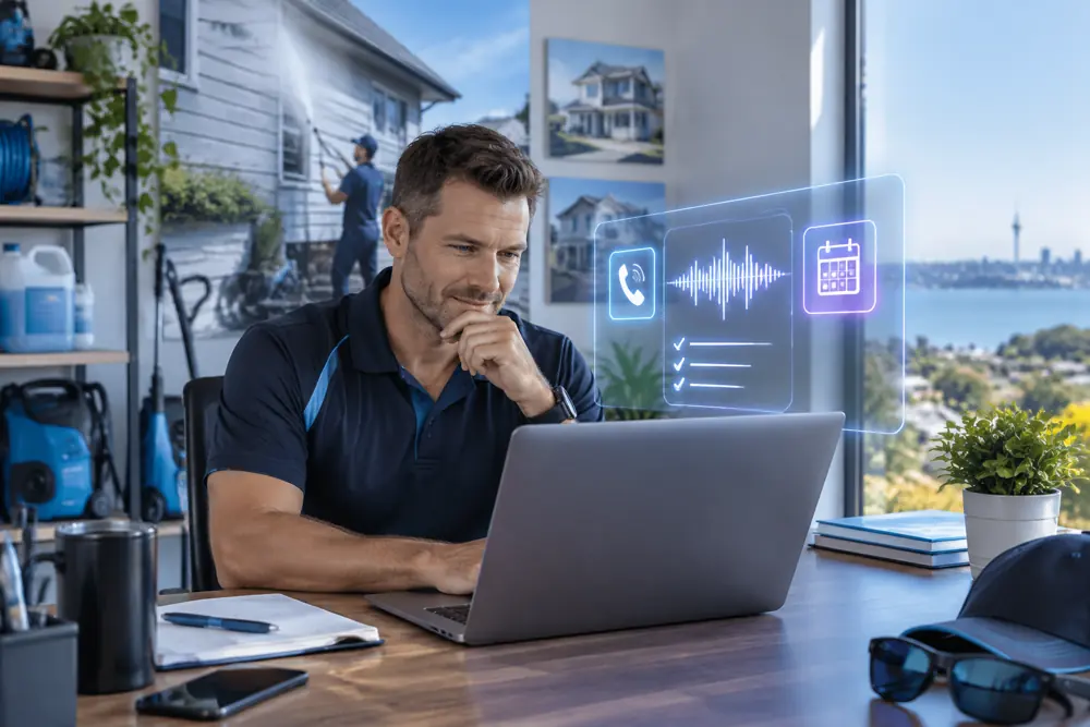 Business owner reviewing Voice AI conversation outcomes