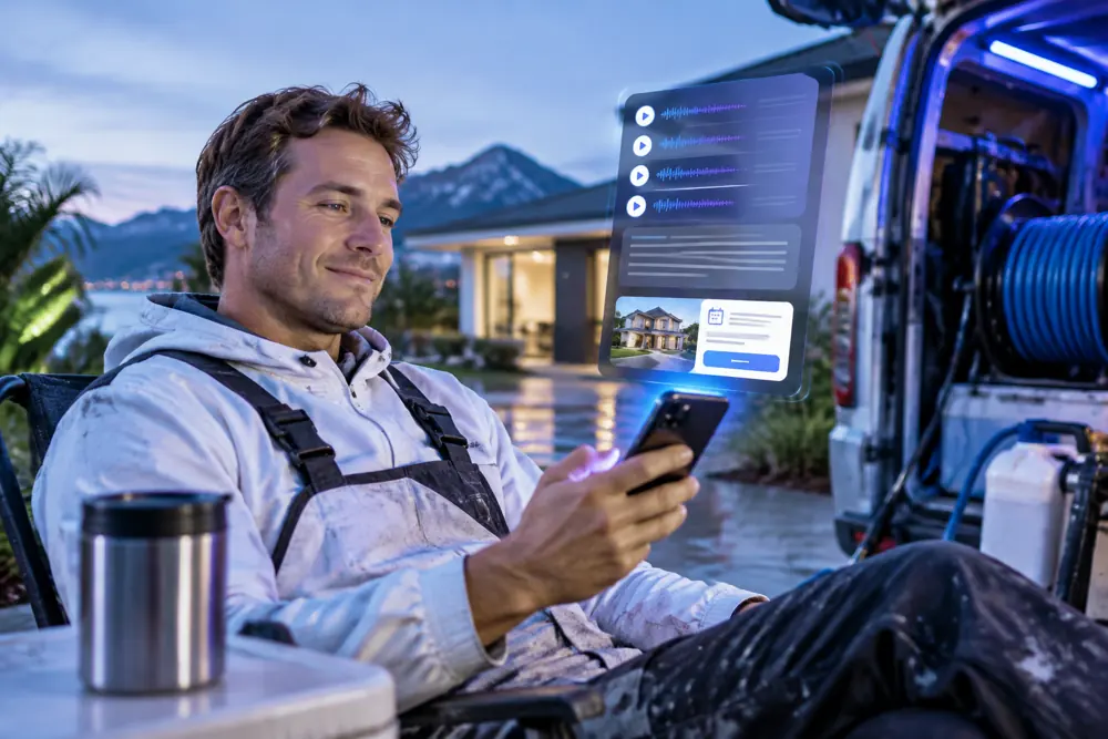 House washing / soft washing owner reviewing SAM call summaries and pre-booked jobs on a phone