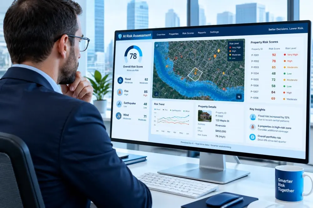 Underwriter reviewing an AI-prepared property risk assessment