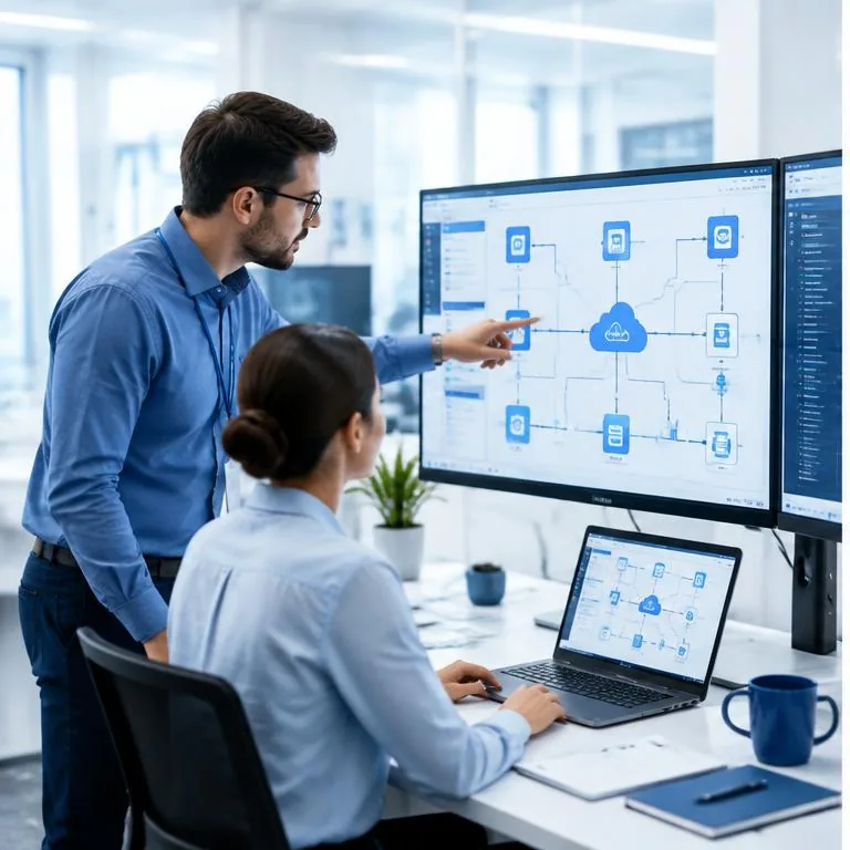 Integrations specialists working together in a bright corporate environment