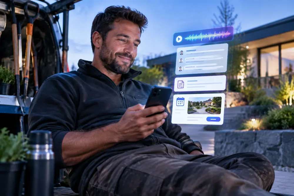 Landscapers owner reviewing SAM call summaries and pre-booked jobs on a phone