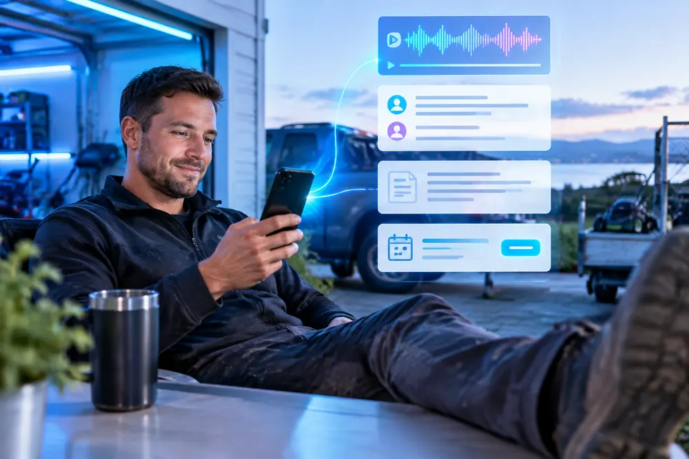 Lawn-care businesses owner reviewing SAM call summaries and pre-booked jobs on a phone