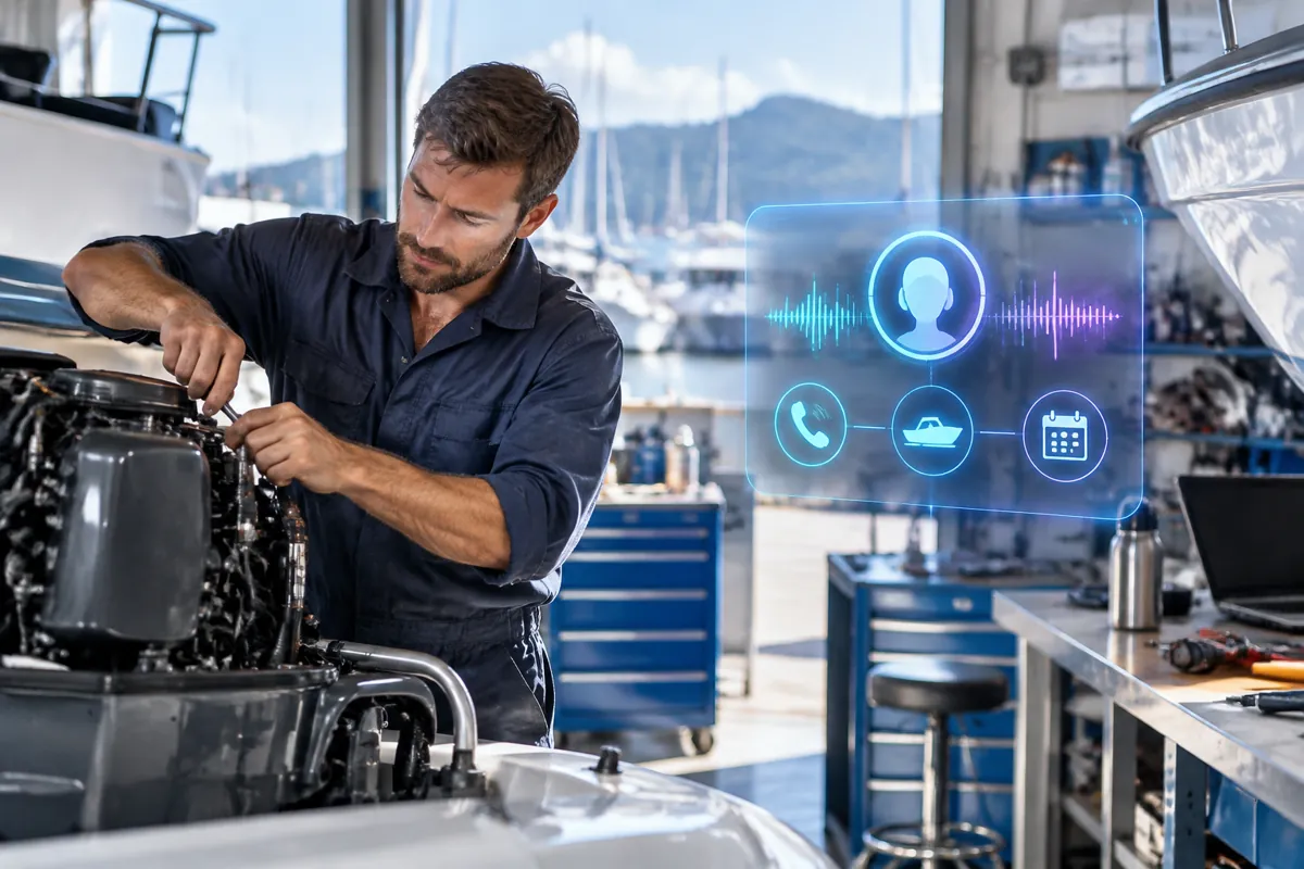 Marine mechanics team at work while AIIT Voice AI answers customer calls