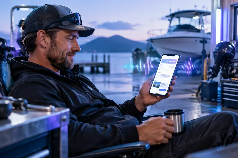Marine mechanics owner reviewing SAM call summaries and pre-booked jobs on a phone