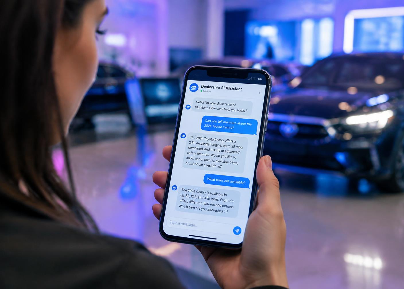 Shopper messaging a dealership assistant on a phone