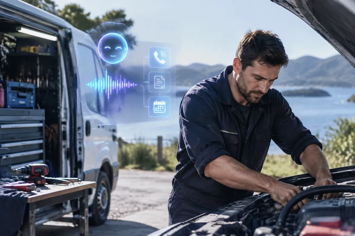 Mobile mechanics team at work while AIIT Voice AI answers customer calls