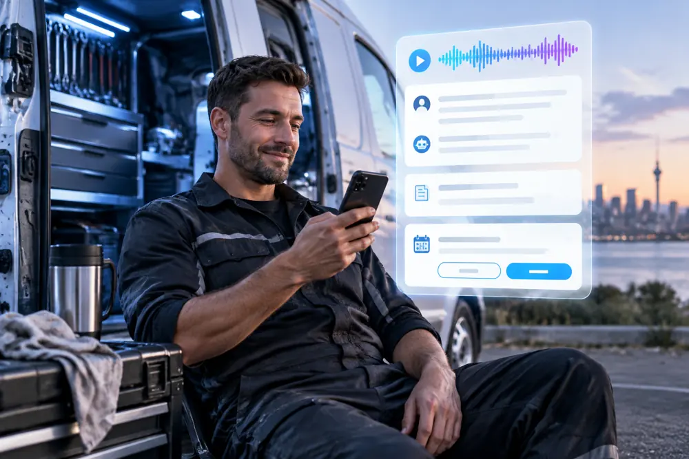Mobile mechanics owner reviewing SAM call summaries and pre-booked jobs on a phone