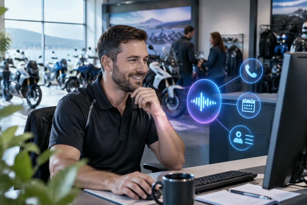 Motorcycle dealers team at work while AIIT Voice AI answers customer calls