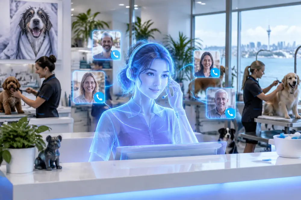 SAM digital receptionist answering calls for a New Zealand pet groomers business