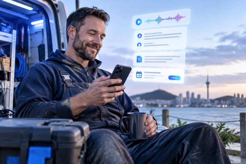 Plumbers owner reviewing SAM call summaries and pre-booked jobs on a phone