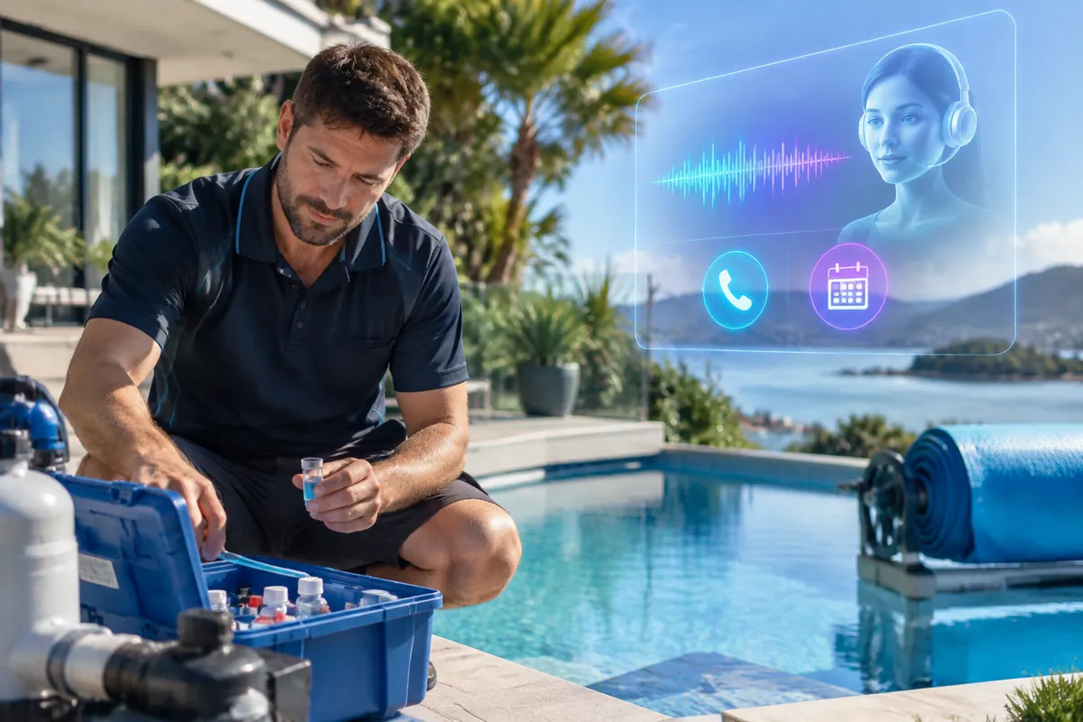 Pool maintenance team at work while AIIT Voice AI answers customer calls