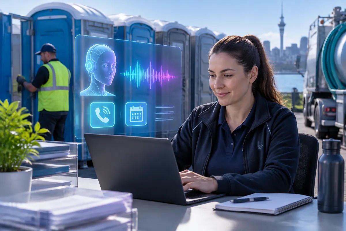 Portable toilet hire team at work while AIIT Voice AI answers customer calls