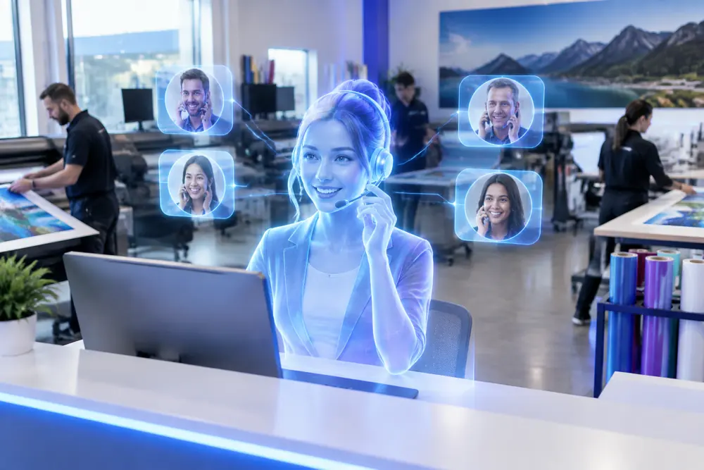 SAM digital receptionist answering calls for a New Zealand printers/signwriters business