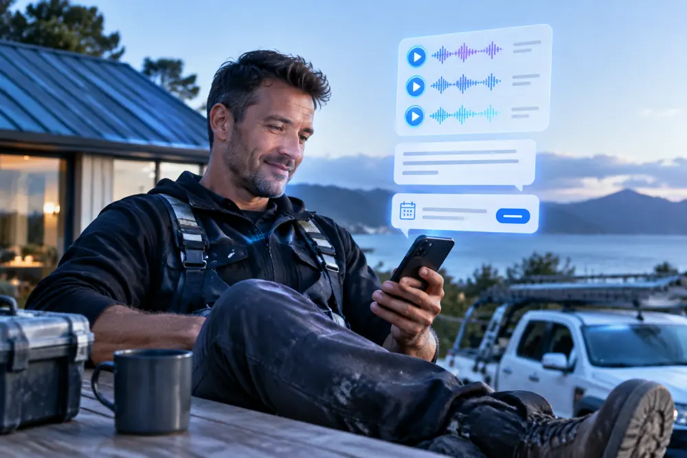 Roofers owner reviewing SAM call summaries and pre-booked jobs on a phone