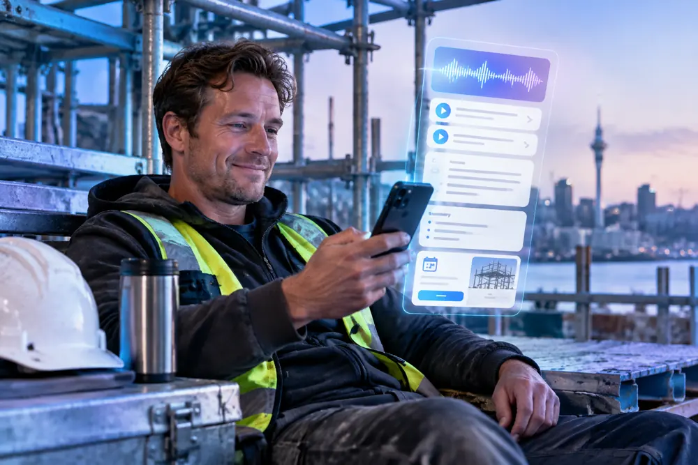 Scaffolding companies owner reviewing SAM call summaries and pre-booked jobs on a phone