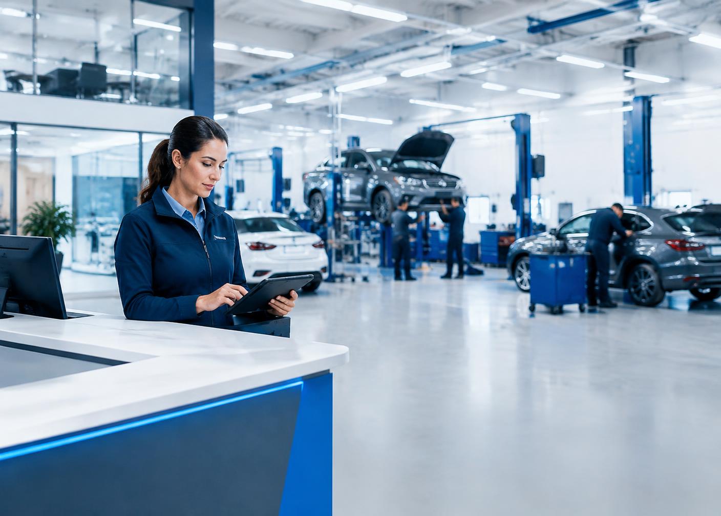 Service adviser using a tablet in a modern automotive workshop
