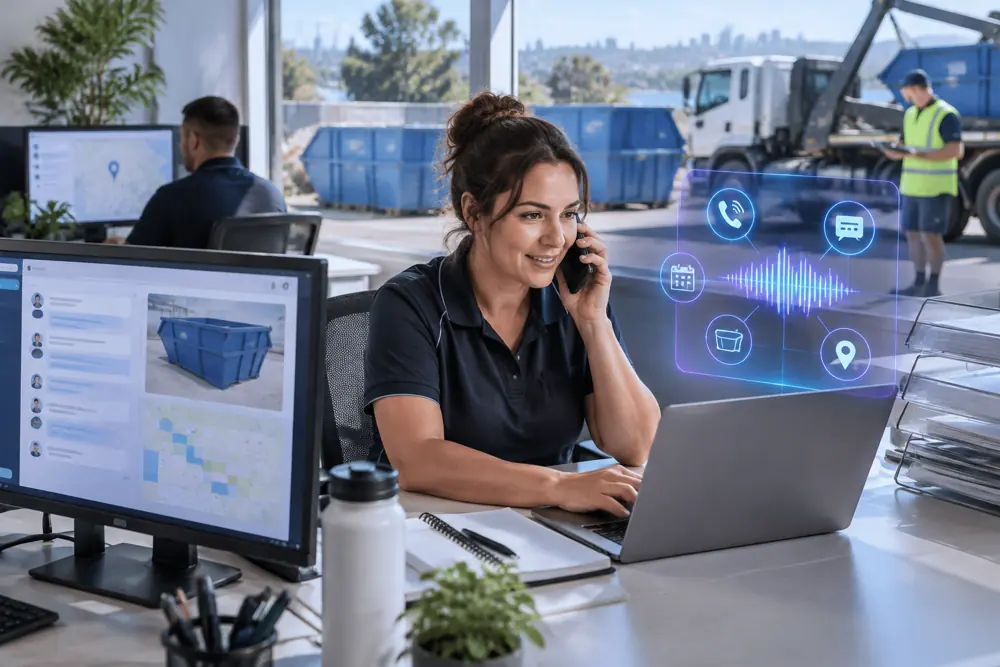 Skip-bin hire workflow coordinated across channels