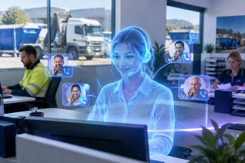 SAM digital receptionist answering calls for a New Zealand skip-bin hire business