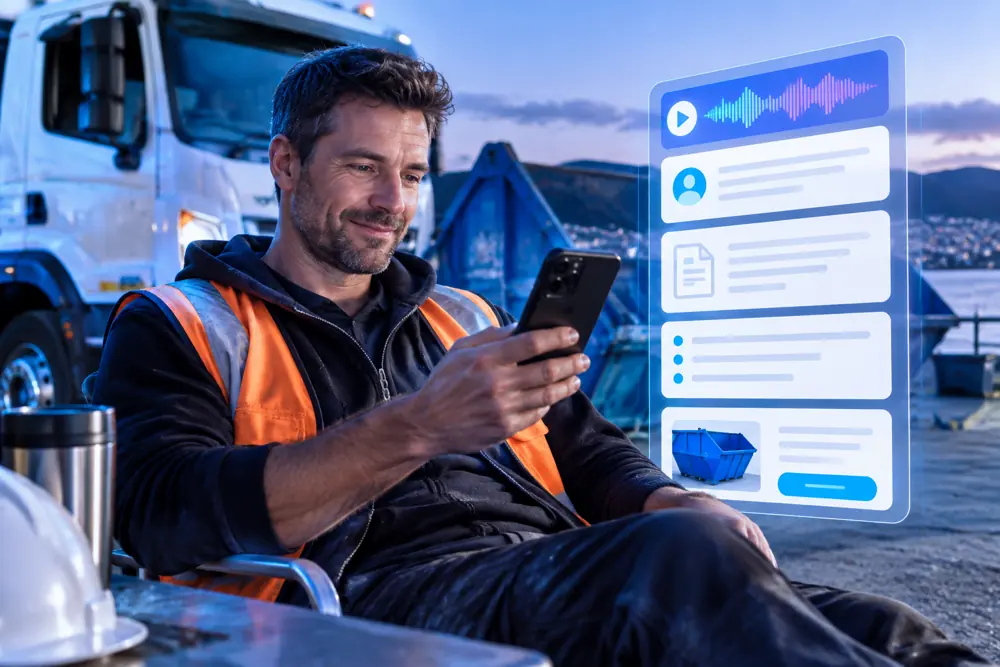 Skip-bin hire owner reviewing SAM call summaries and pre-booked jobs on a phone