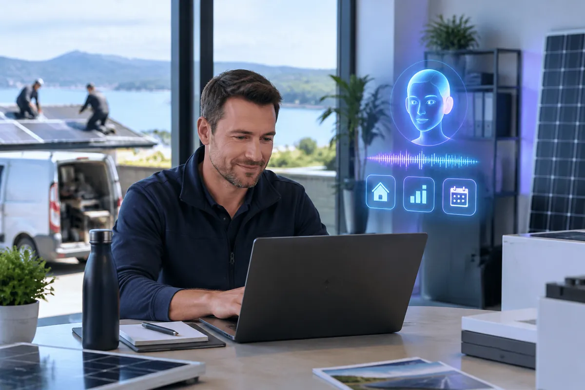 Solar installers team at work while AIIT Voice AI answers customer calls