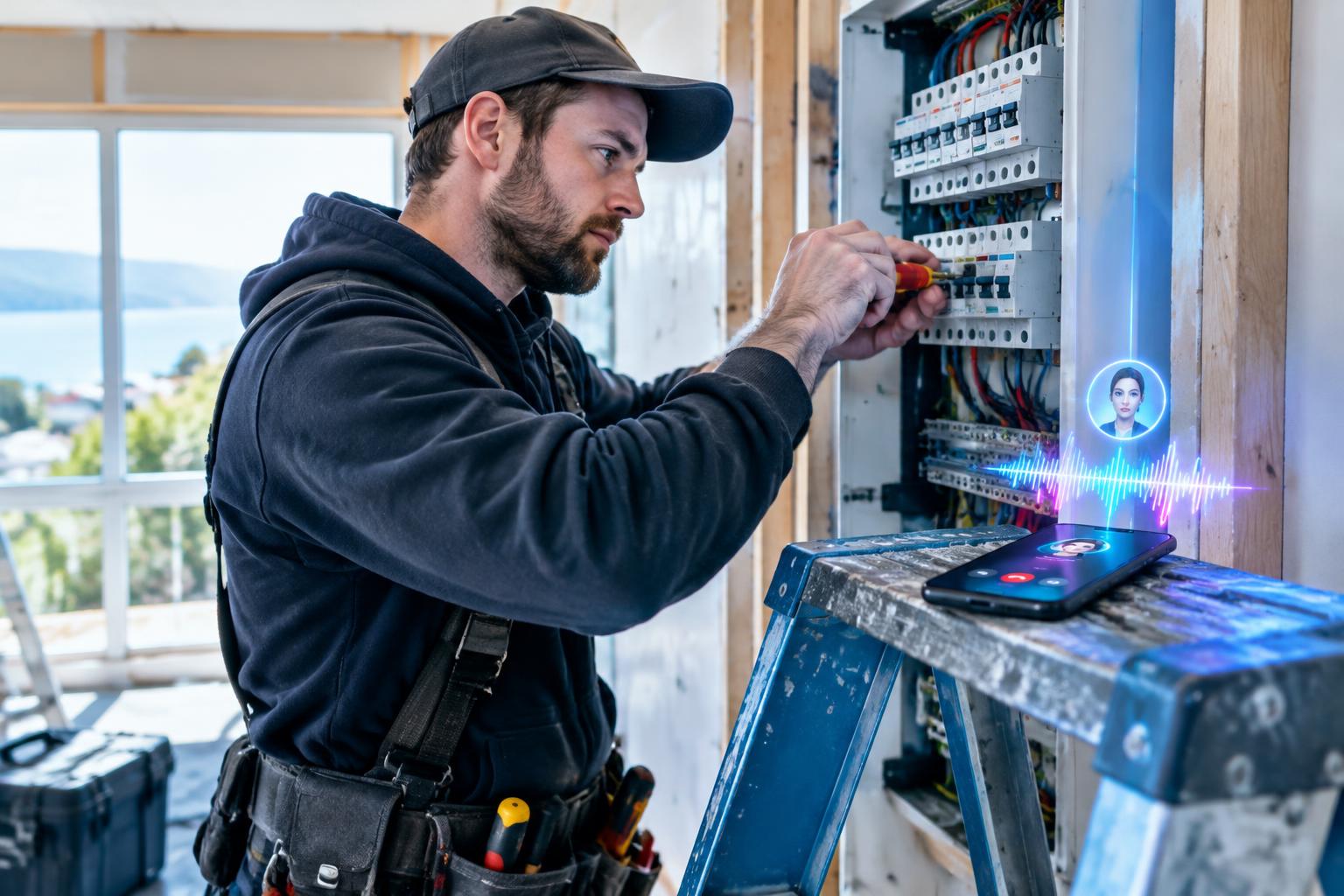 Electrician at a switchboard while an AI receptionist answers his phone