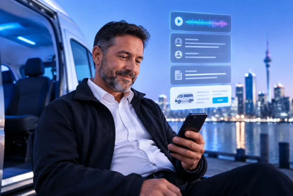 Taxi/shuttle companies owner reviewing SAM call summaries and pre-booked jobs on a phone
