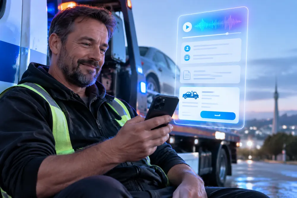 Towing companies owner reviewing SAM call summaries and pre-booked jobs on a phone