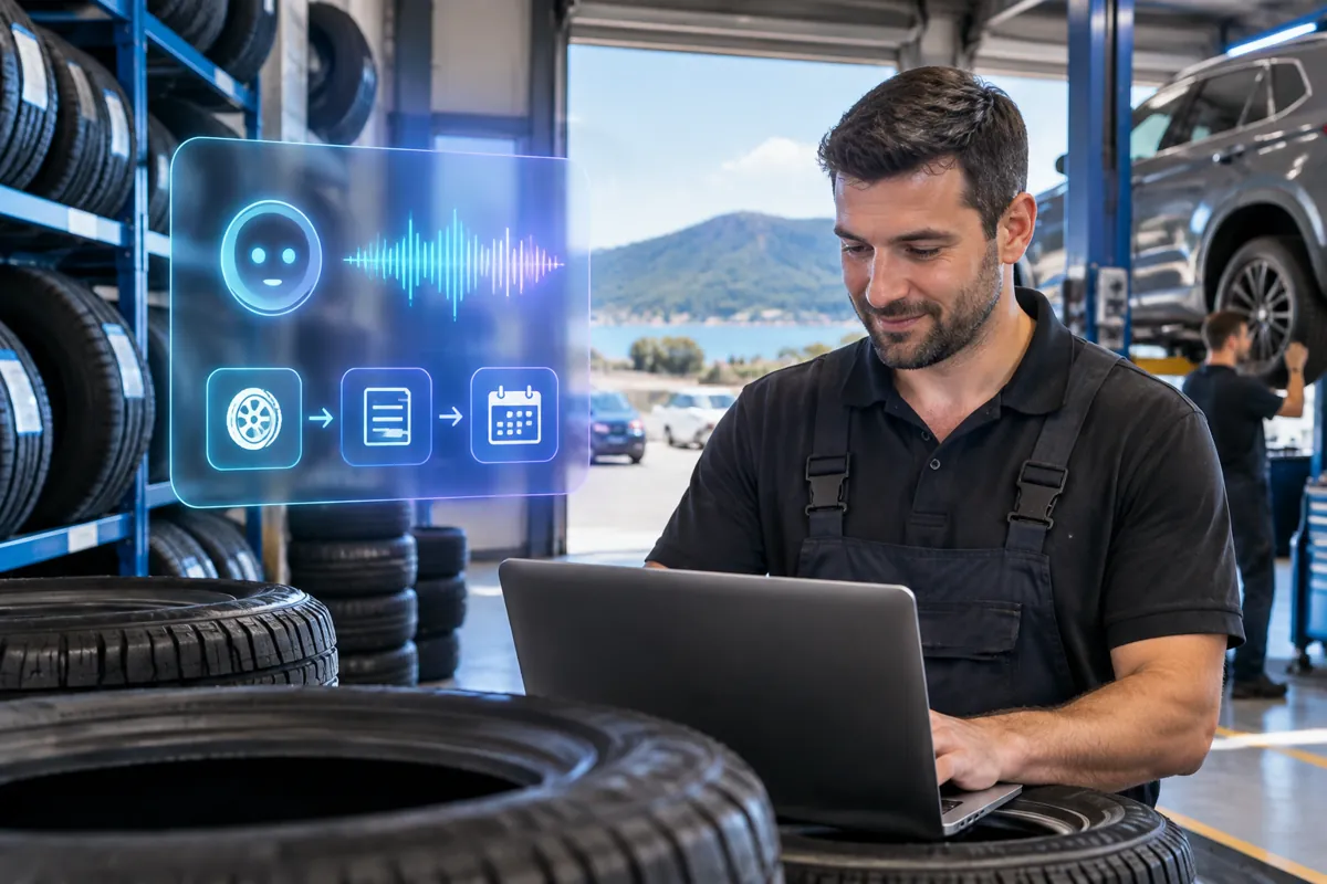 Tyre shops team at work while AIIT Voice AI answers customer calls