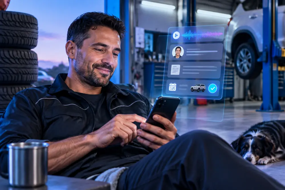 Tyre shops owner reviewing SAM call summaries and pre-booked jobs on a phone